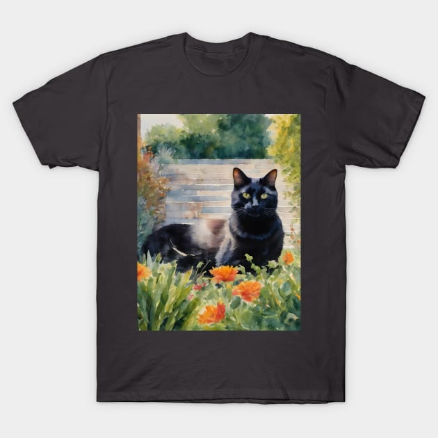 Black Cat In Garden Watercolour Cat Art T-Shirt by vanityvibes